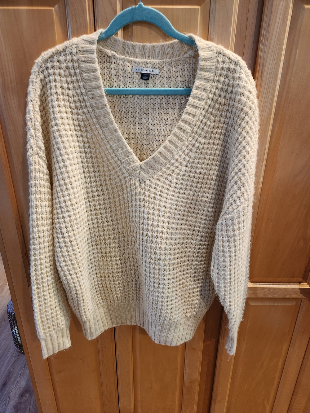 Oversized American Eagle Outfitters Cream V-Neck Waffle Knit Sweater